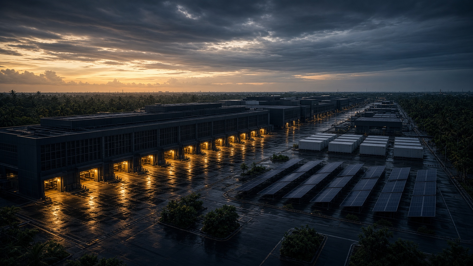 A tropical Asian data center campus at dusk with solar arrays and battery containers beside the halls