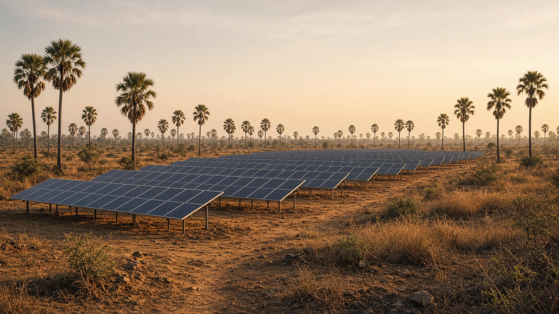 Ground-mounted solar arrays stretching across a tropical Asian dry landscape