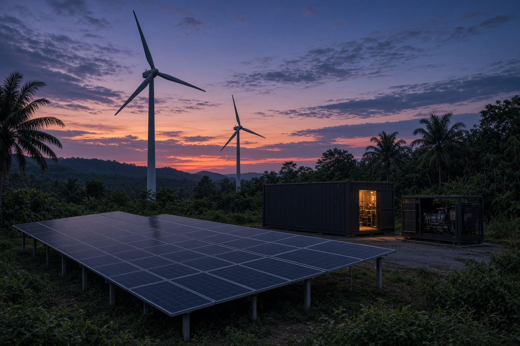 A hybrid microgrid at dusk with solar arrays, wind turbines, a battery container, and a backup genset
