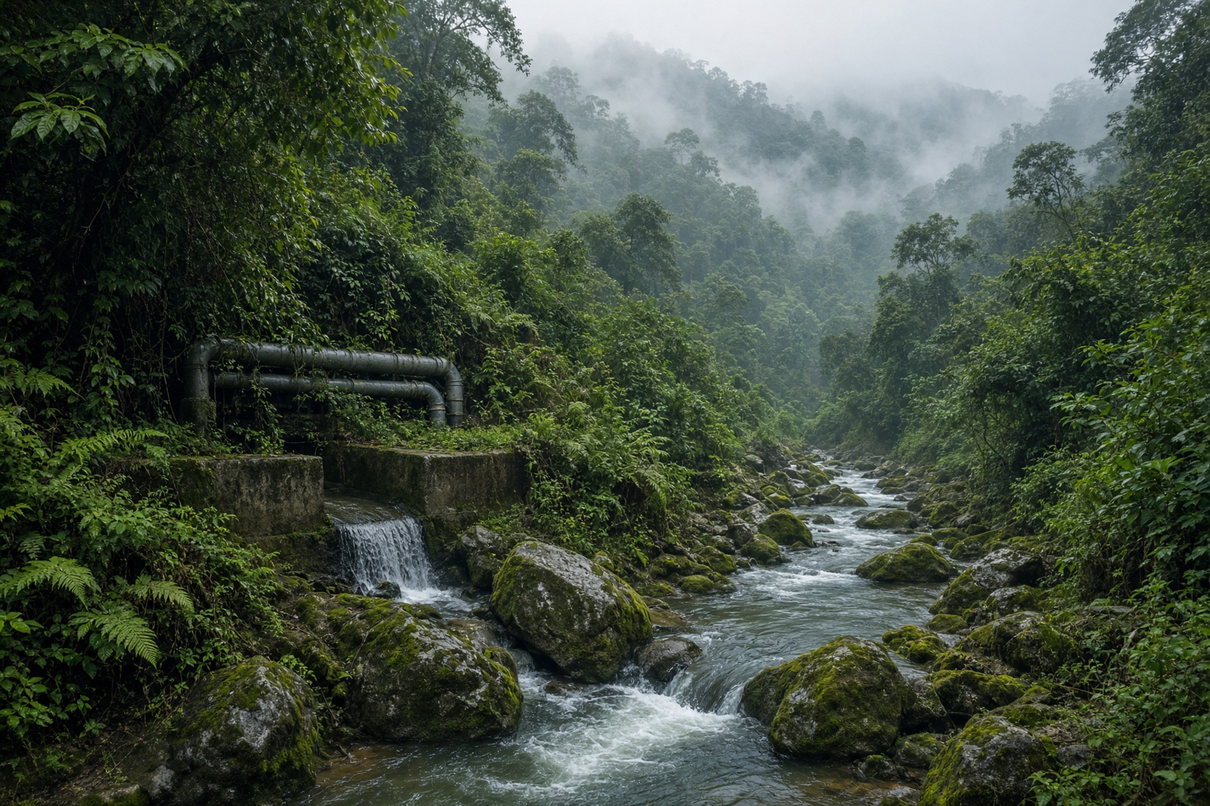 A small run-of-river hydropower weir on a forested mountain stream in tropical Asia