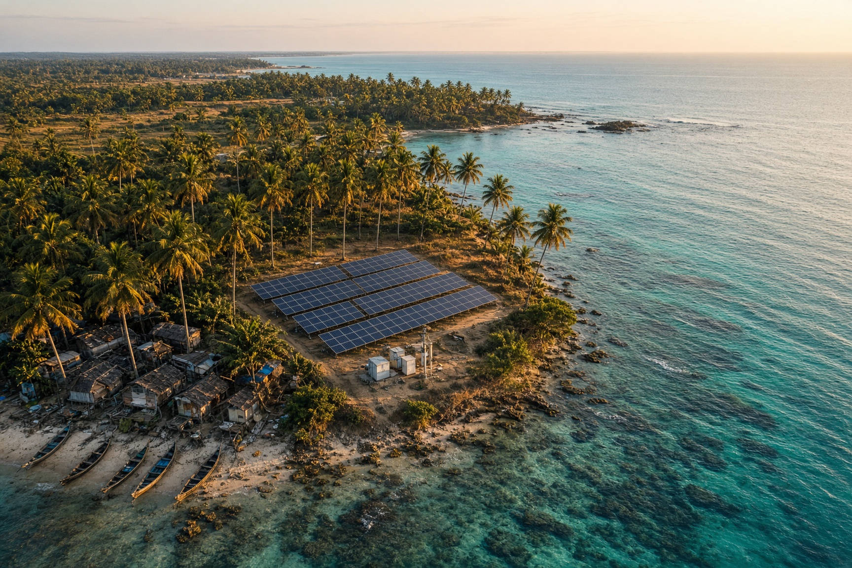 A compact solar field beside a tropical Asian island shoreline