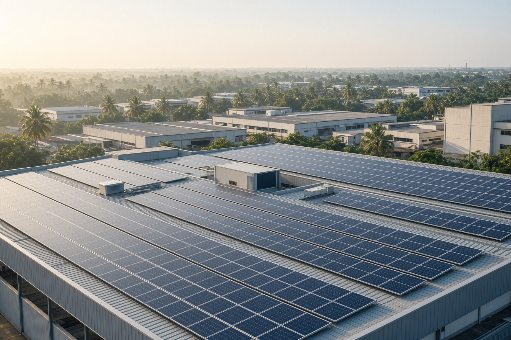 Commercial rooftop solar covering a warehouse in an Asian industrial park