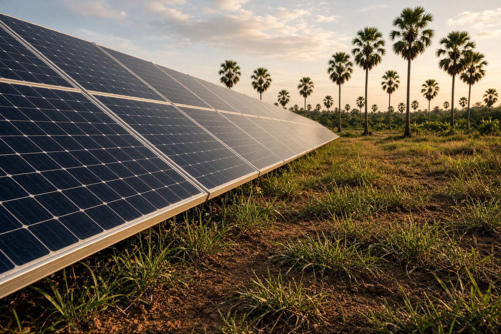 Rows of monocrystalline solar panels in tropical grassland with palms in the distance