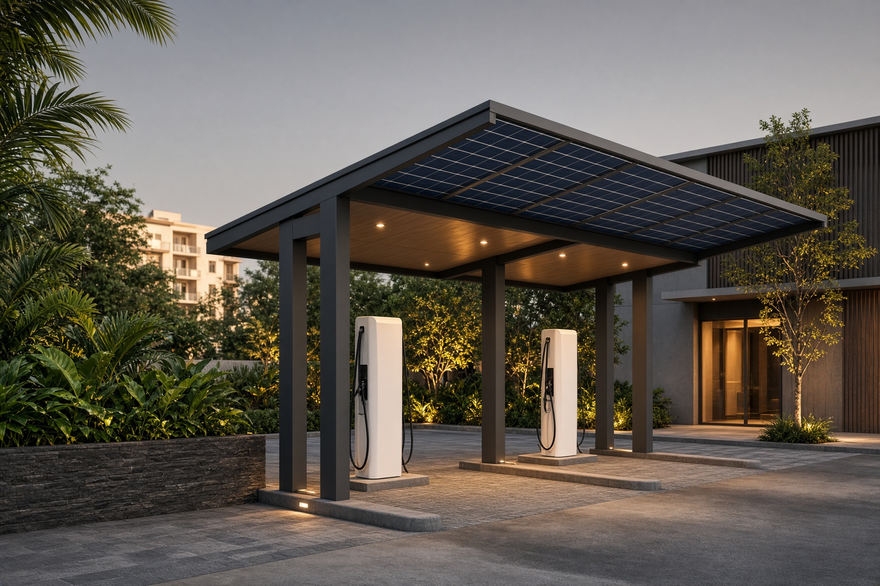 A modern solar-roofed electric vehicle charging canopy at dusk