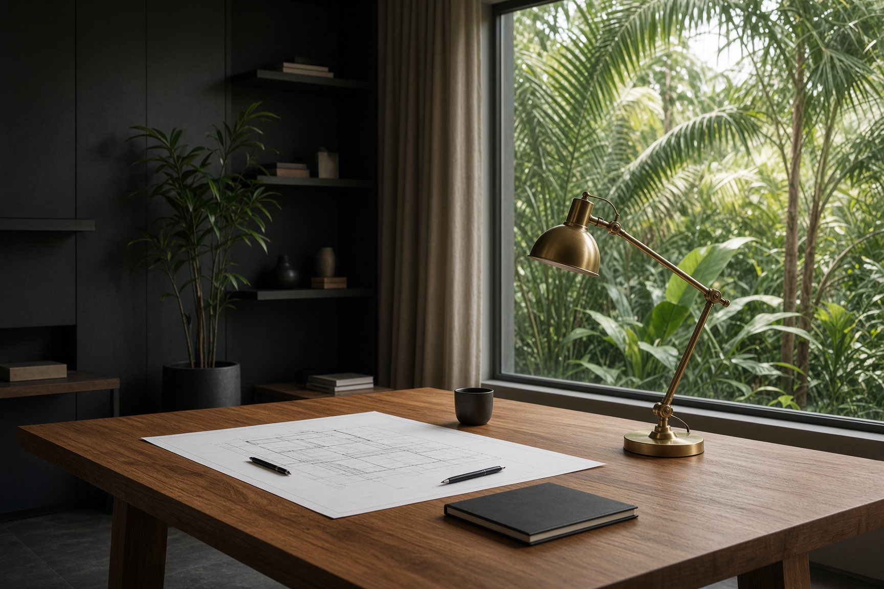 An energy-engineering studio with drawings on a teak table and a garden beyond