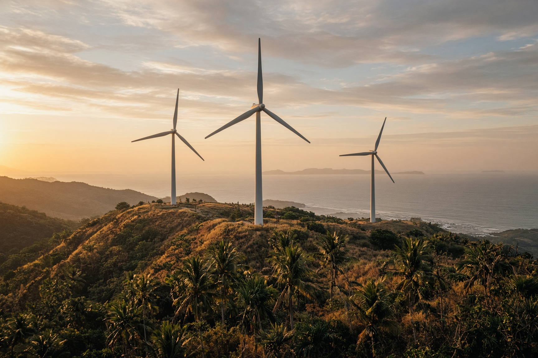 Three white wind turbines on a coastal tropical ridgeline at late afternoon, ocean haze beyond